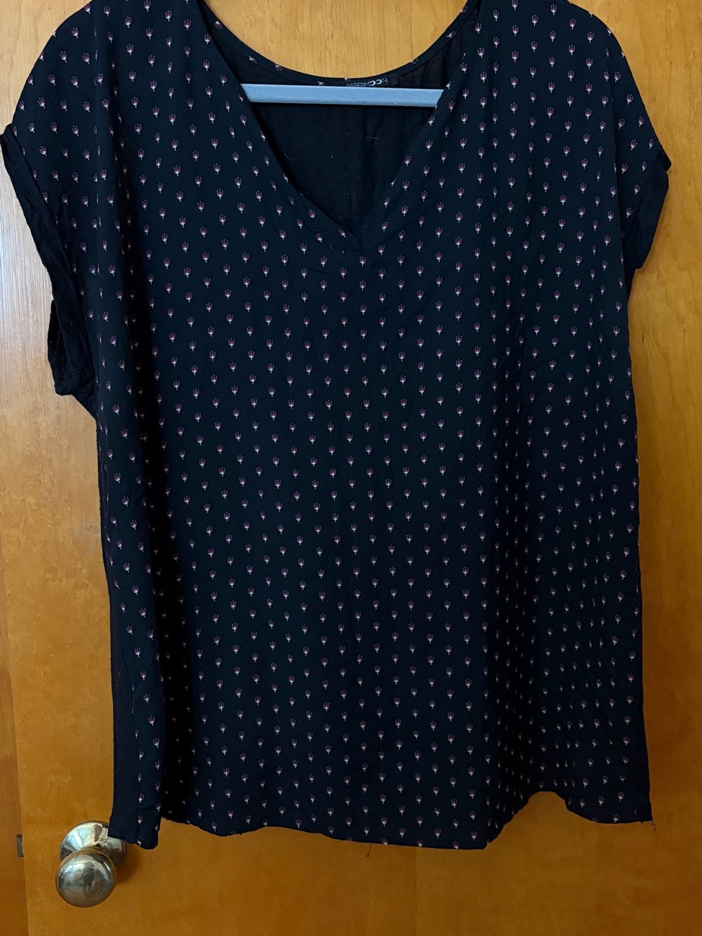 Papermoon Black V-Neck Short Sleeve Top with Pink Dot Motif